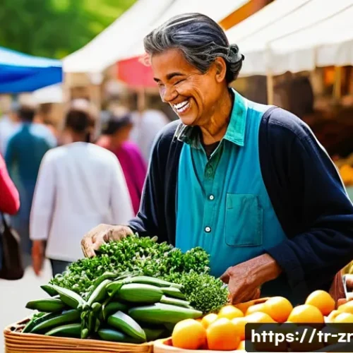 Home 9 마켓플레이스의 지속 가능성 및 사회적 책임 - **Prompt:** A vibrant, bustling outdoor market scene in a sunny, temperate climate. Farmers and loca...