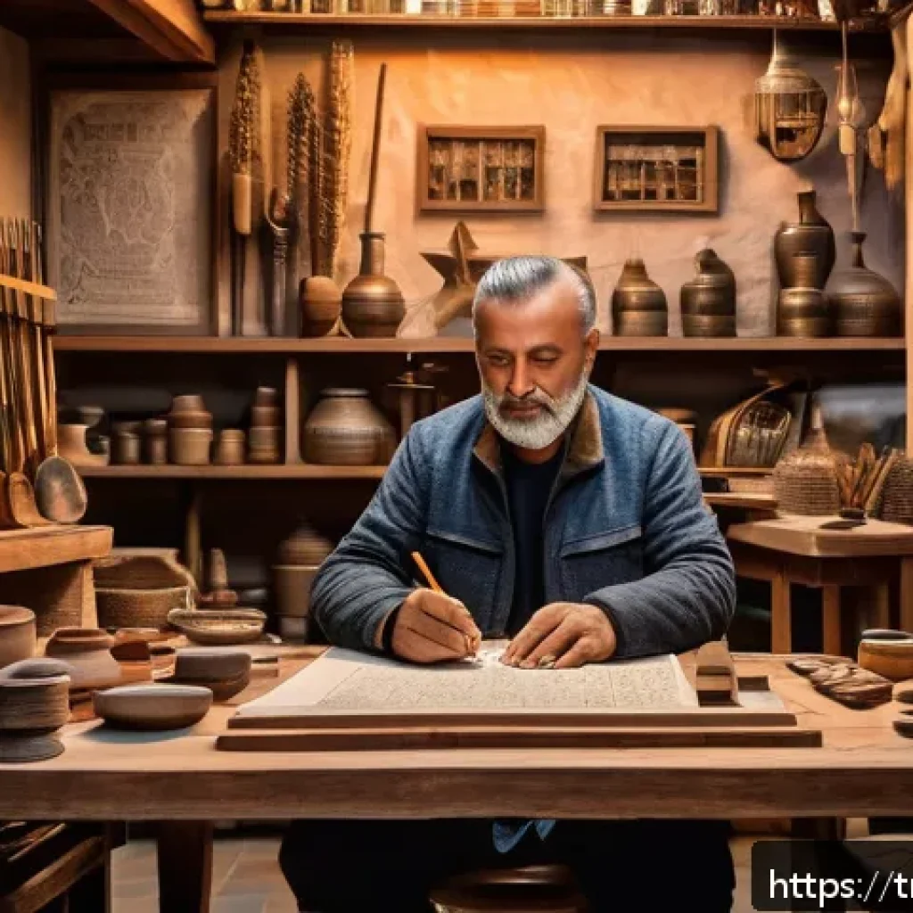 소셜 미디어를 활용한 마켓플레이스 프로모션 전략 - A cozy, modern Turkish artisan workshop scene showing a middle-aged craftsman carefully handcrafting...
