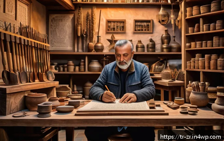 소셜 미디어를 활용한 마켓플레이스 프로모션 전략 - A cozy, modern Turkish artisan workshop scene showing a middle-aged craftsman carefully handcrafting...
